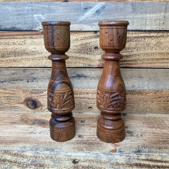 Vintage pair sheesham wood hand carved candle holders made in India - Picture 1 of 12